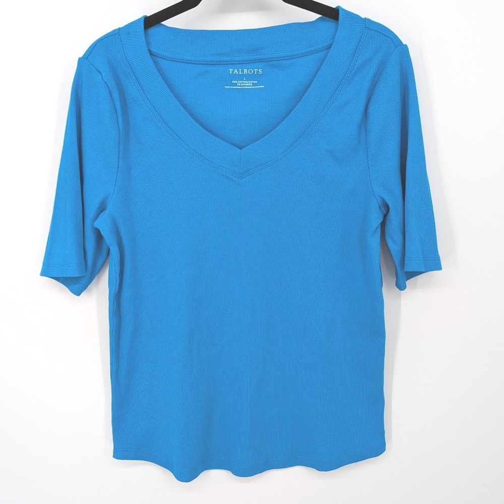 Talbots V-Neck Top Womens Large Blue Ribbed Short Sleeve Cotton Blend Stretch